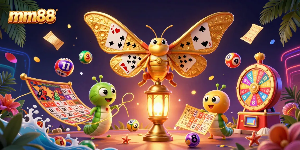 Engage with mm88's vibrant slots and casino scenes illustrated by an enchanting moth among dynamic lottery elements.