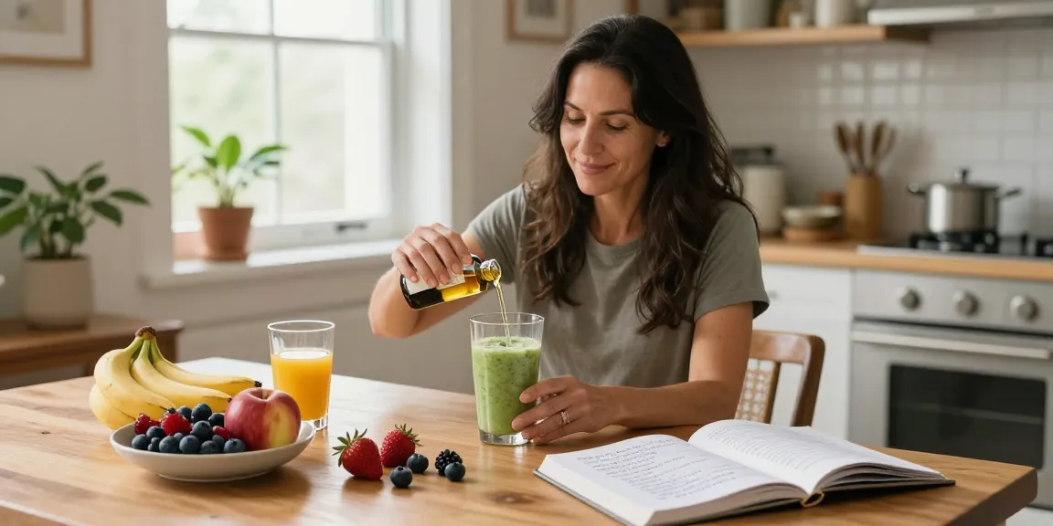 Woman mixing cbd oil Canada into smoothie surrounded by fruits in a bright kitchen.