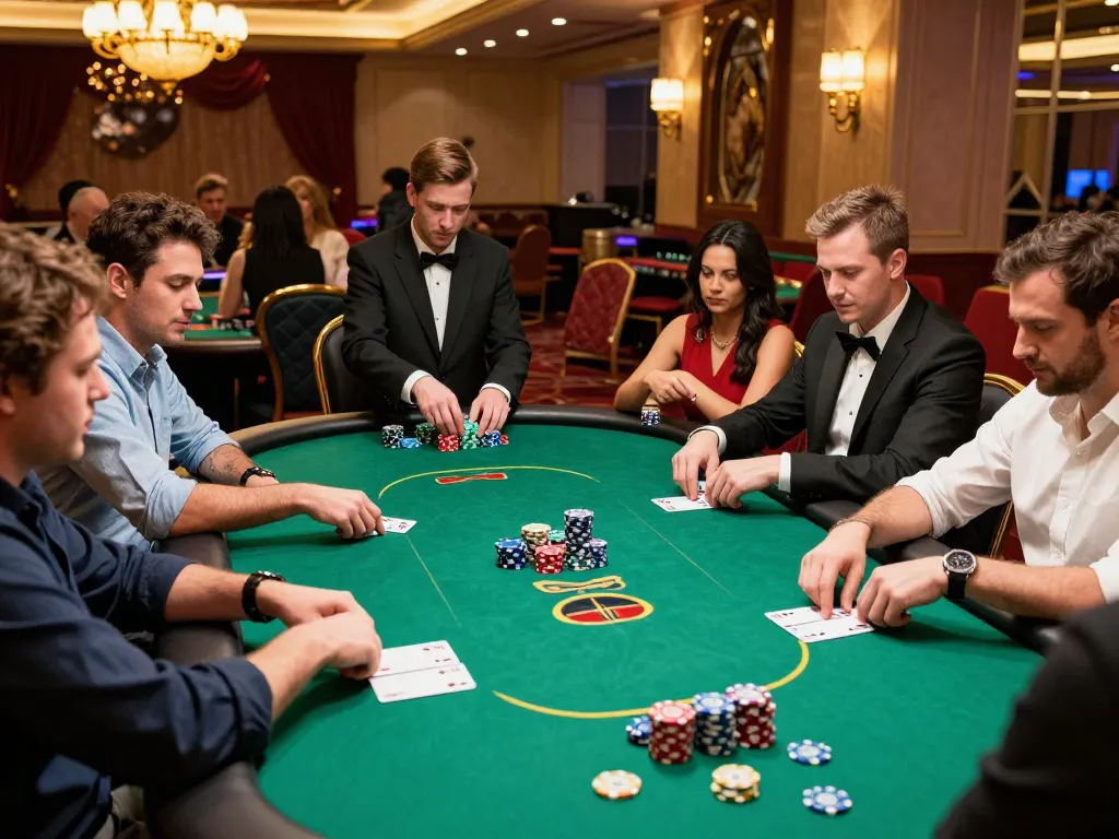 LLWIN Function enhances the strategic dynamics during an intense poker game, capturing players’ focused expressions.