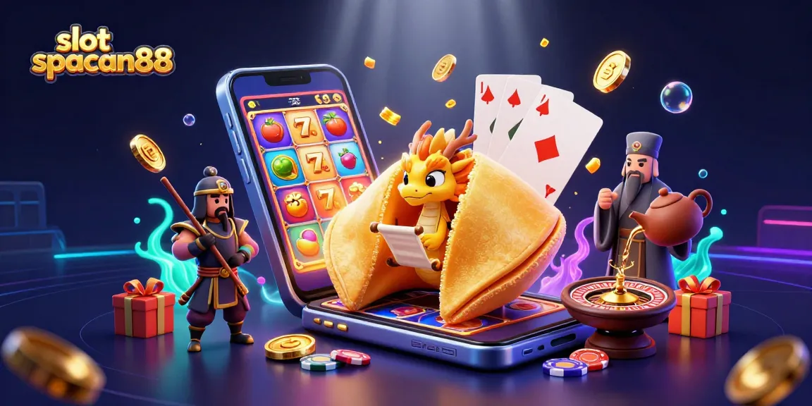Experience the thrill of slot spaceman88 featuring a golden fortune cookie and vibrant casino elements.