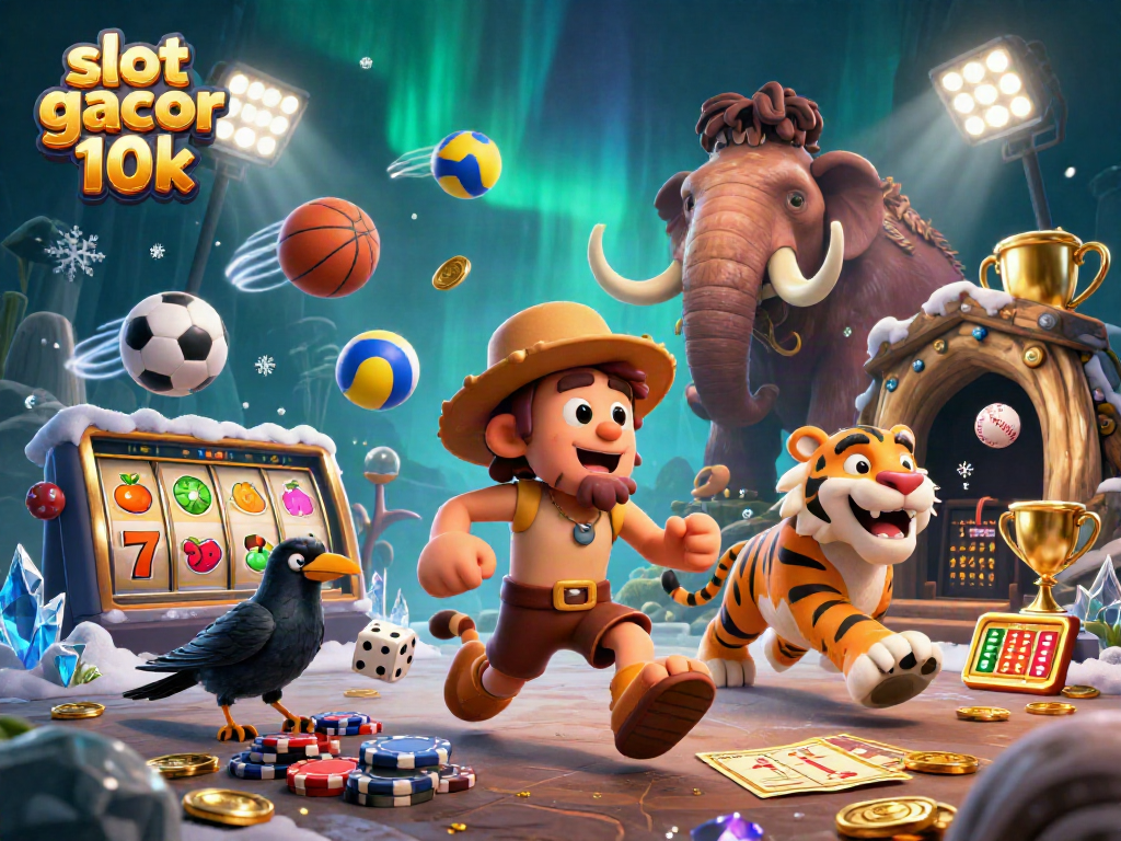 Engage with slot gacor 10k as prehistoric characters create a vibrant casino scene.
