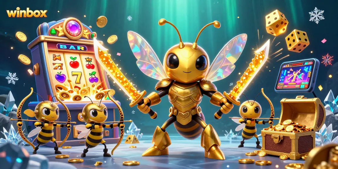 Winbox showcases an energetic scene featuring a golden hornet and casino elements, engaging gamblers in thrilling gameplay.