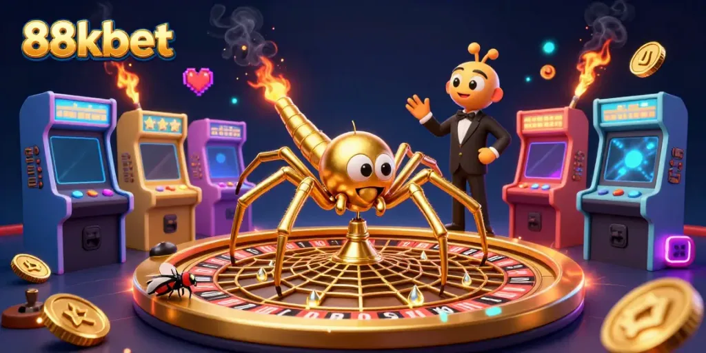 Experience thrilling bets at 88kbet with colorful characters and dynamic gaming elements in an engaging 3D illustration.