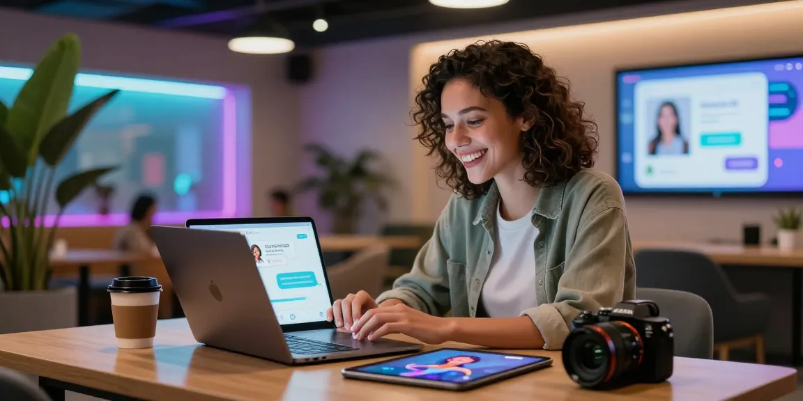 Interactive young woman using ai nsfw chatbot in a vibrant digital lounge.