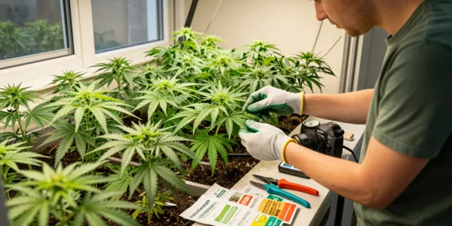Buy cannabis seeds UK in an indoor grow room with healthy seedlings and a gardener inspecting soil moisture.