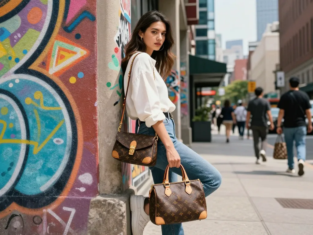 Showcasing replica bags in a vibrant city environment, reflecting on quality and fashion trends.
