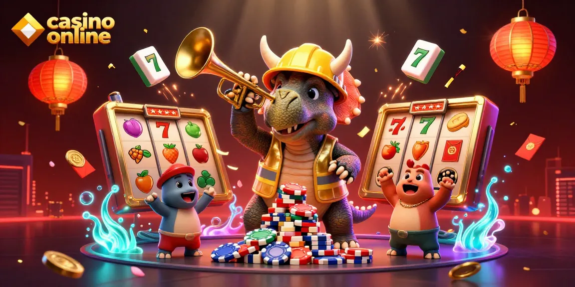 Imagini captivante cu un triceratops și parasaurolophus celebrând câștigurile la casino online, înconjurați de simboluri fascinante.