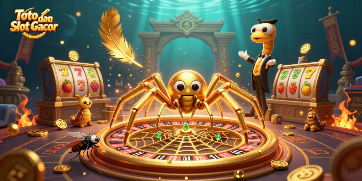 Experience Toto dan Slot Gacor with this vibrant 3D scene of a spider and croupier creating a buzzing casino atmosphere.