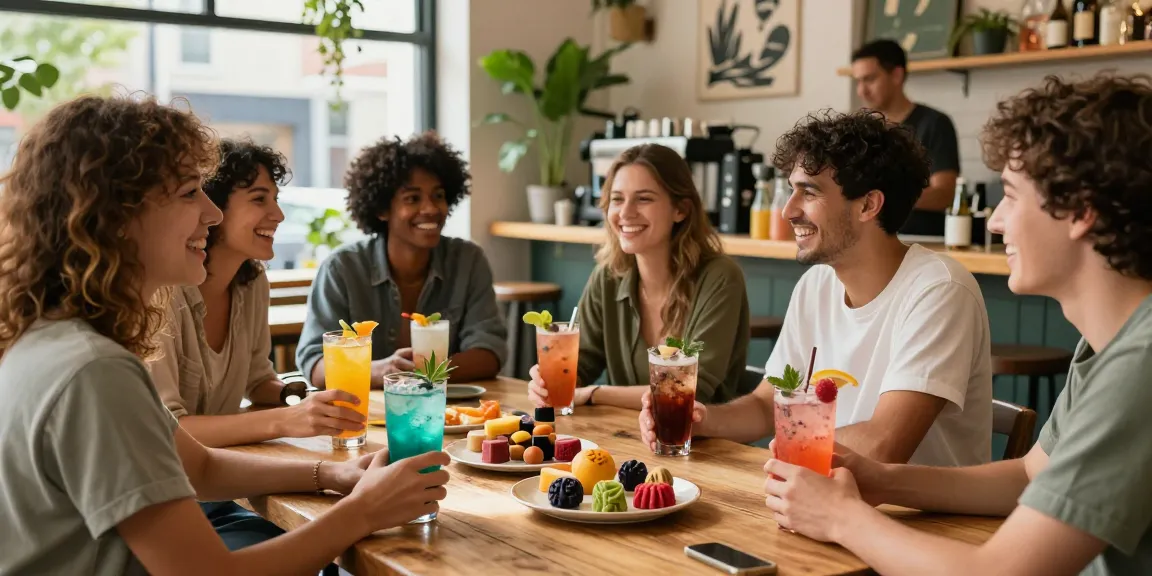 Friends enjoying cannabis edibles online at an urban café with colorful THC drinks and gourmet treats.