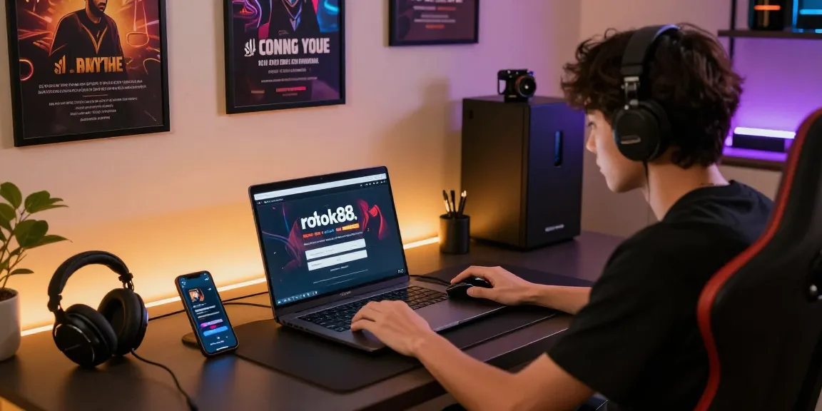 rokok88 login interface on laptop in a modern home office setup
