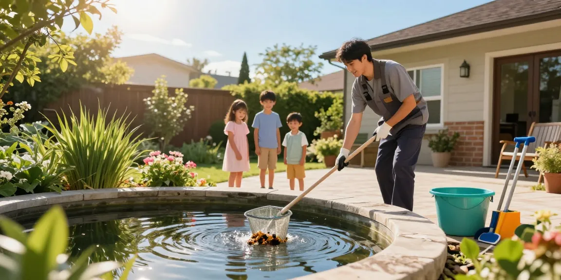 Pond Cleaning Sussex service with technician removing debris from garden pond while family watches happily.