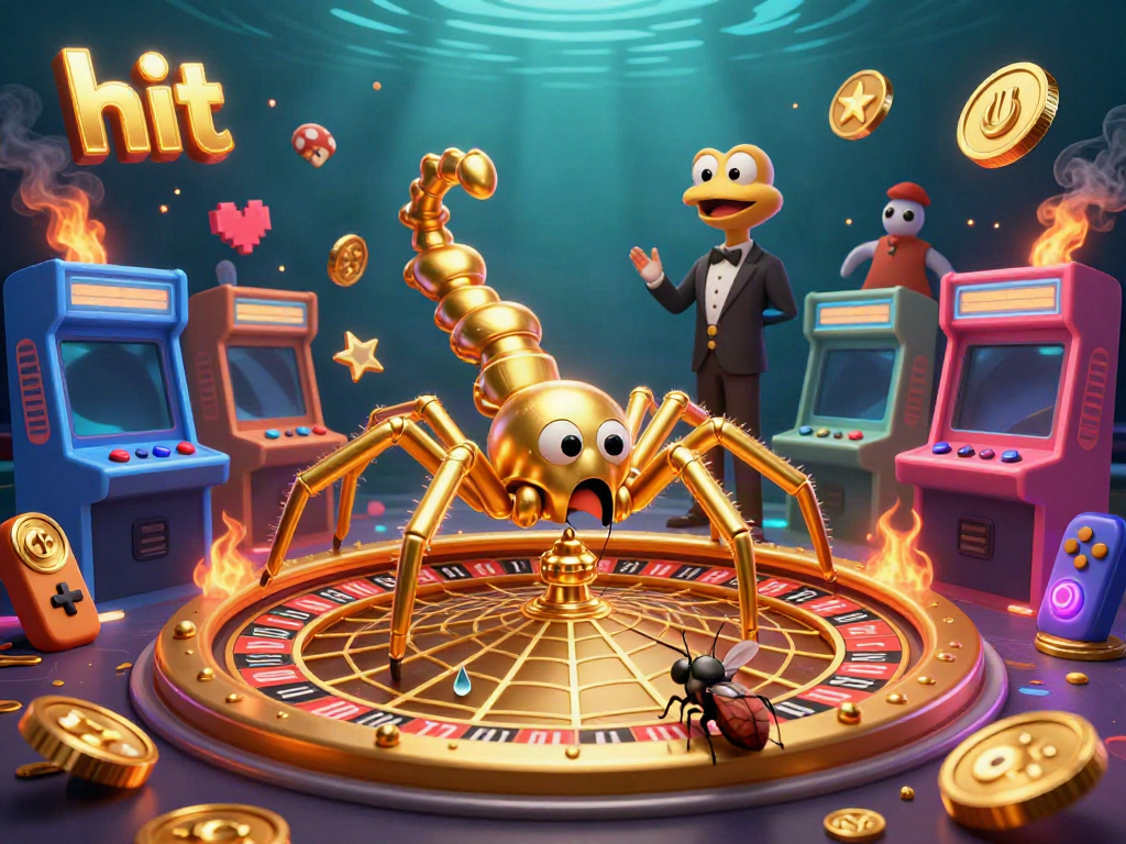 Watch the fly hit the jackpot at this vibrant casino scene with golden spider spinning a roulette web.