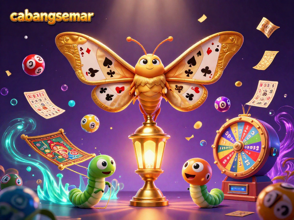 Cabangsemar menghadirkan ilustrasi perjudian dengan kupu-kupu emas dan elemen lotere yang mengasyikkan.