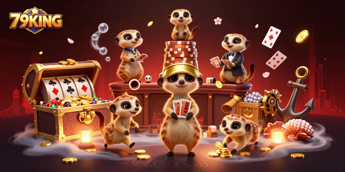 Experience the vibrant casino atmosphere of 79KING with animated meerkats and a flourish of gaming elements.