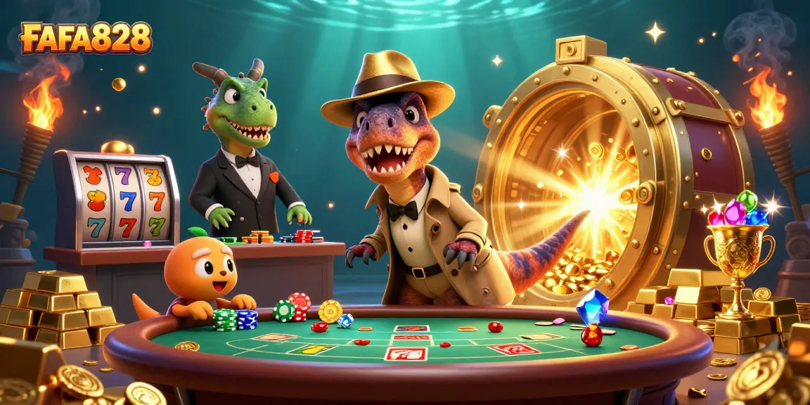 Experience vibrant FAFA828 casino thrills with a stealthy velociraptor card counter amidst sparkling treasures.