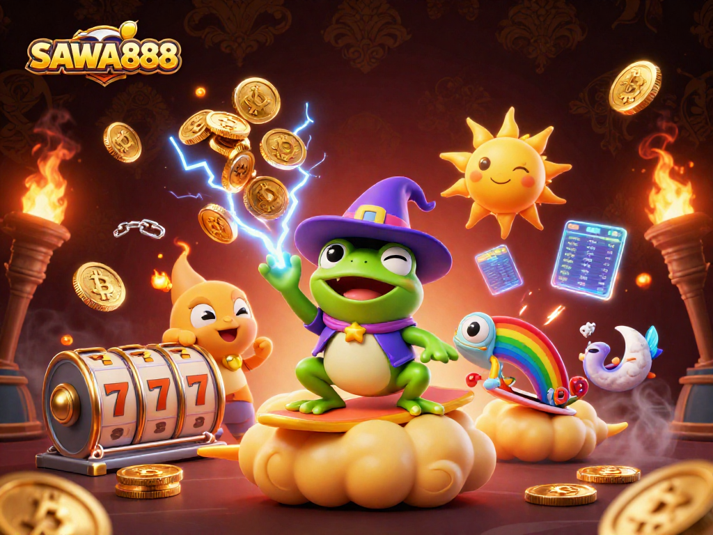 Win big at SAWA888 with exciting slots and golden coins raining down in this vibrant casino scene.