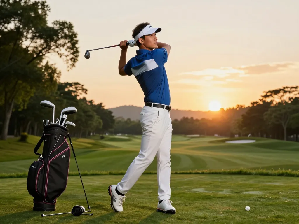 Stylish golfer showcasing 골프웨어 레플리카 outfit on a sunny golf course.