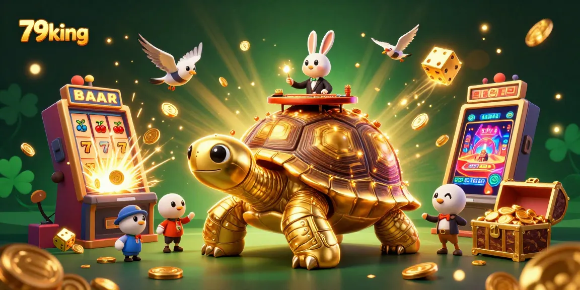 Experience the thrill of winning at 79king with a majestic casino scene featuring golden tortoise and rabbits in action.