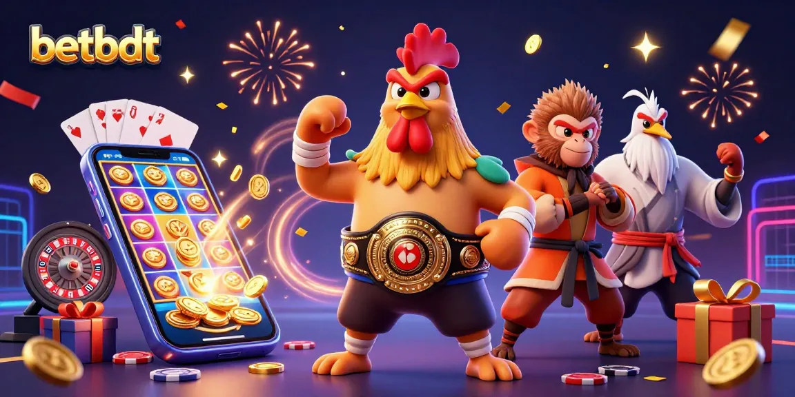 Experience thrill and excitement with betbdt's vibrant casino scene featuring a Muay Thai rooster and more.