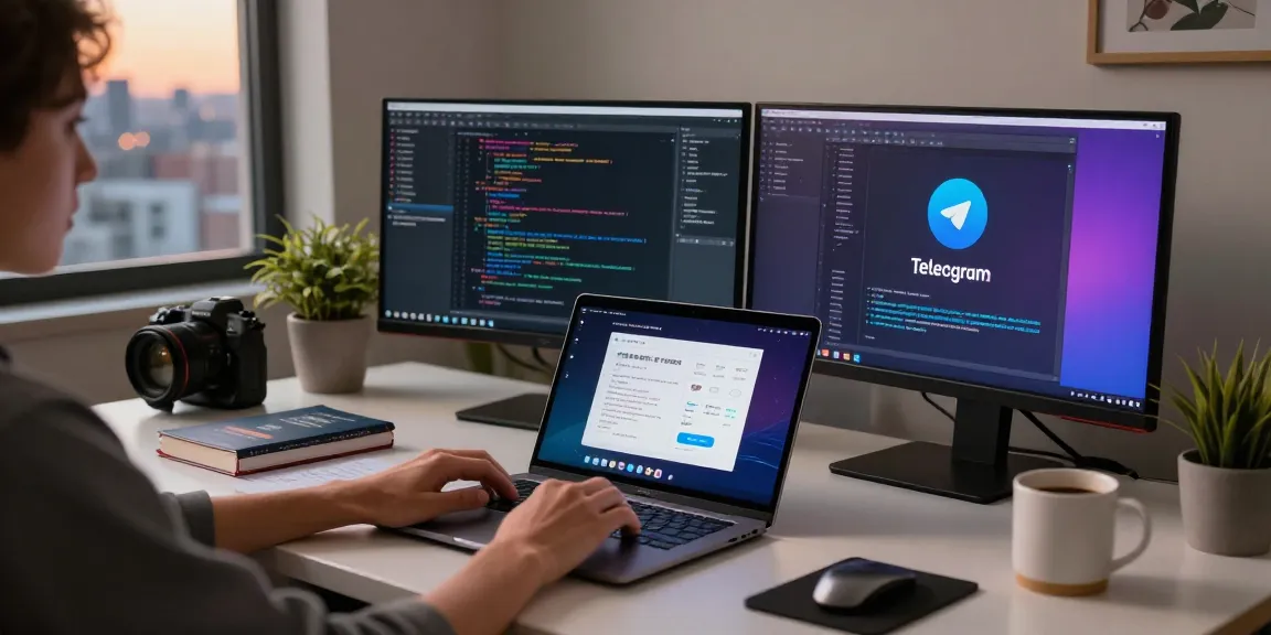 Customizing Telegram中文 interface on a modern tech workspace with coding elements.