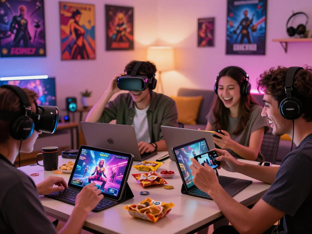 Engaging scene of players enjoying a sex game on various devices in a cozy gaming environment.