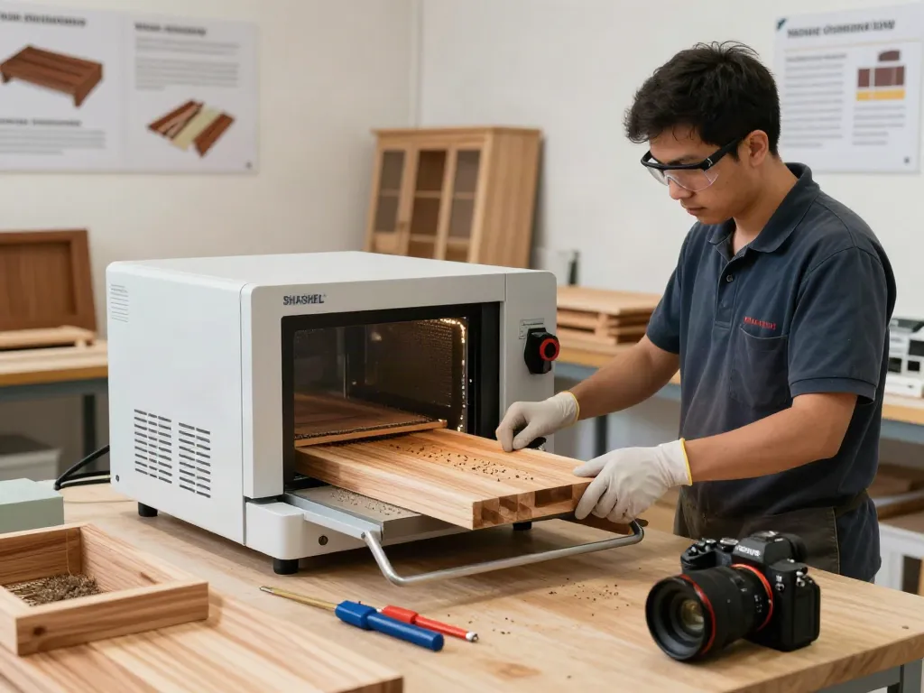 Technician using SHASHEL® microwave equipment to eliminate wood-boring insects in a professional workshop.