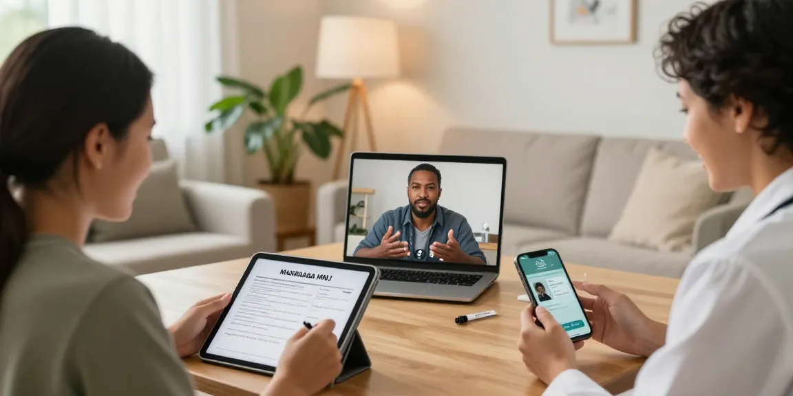 Patients consulting with doctors for their MMJ card online in a comfortable, inviting home setting.