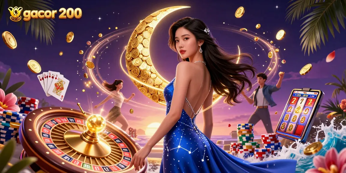 Centrally feature gacor 200 with a photorealistic Asian woman in a blue gown, surrounded by casino elements like coins, roulette, and poker cards.