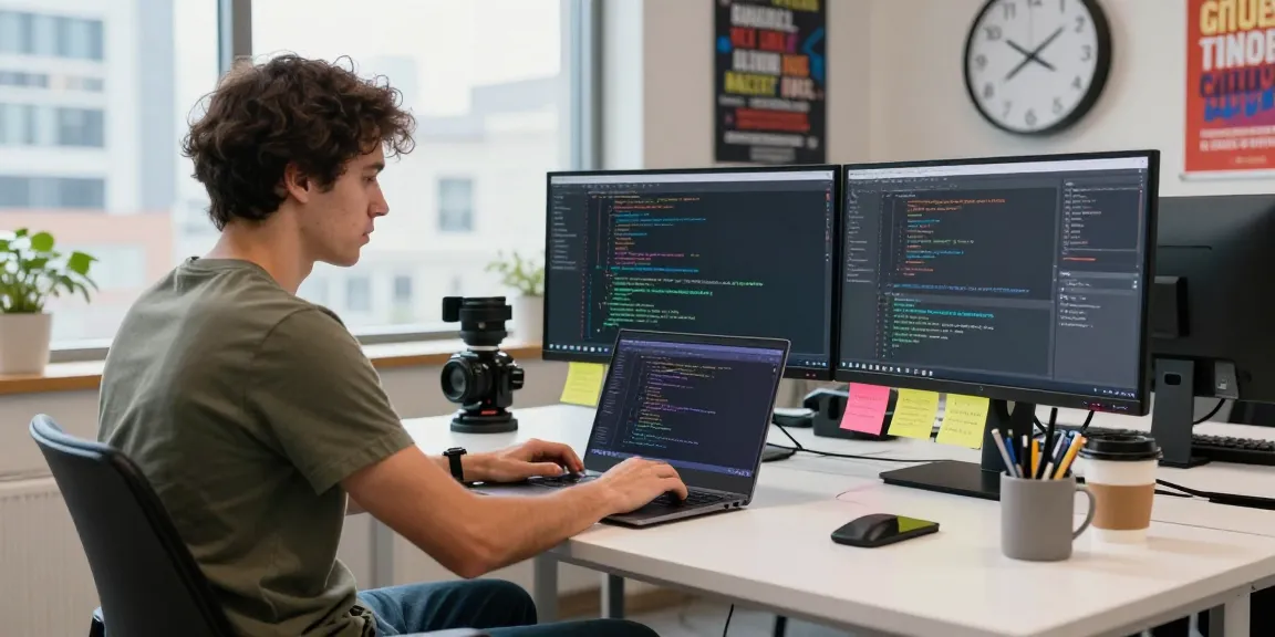 Tech workspace showcasing a programmer working on 纸飞机中文版 with dual monitors and urban view.