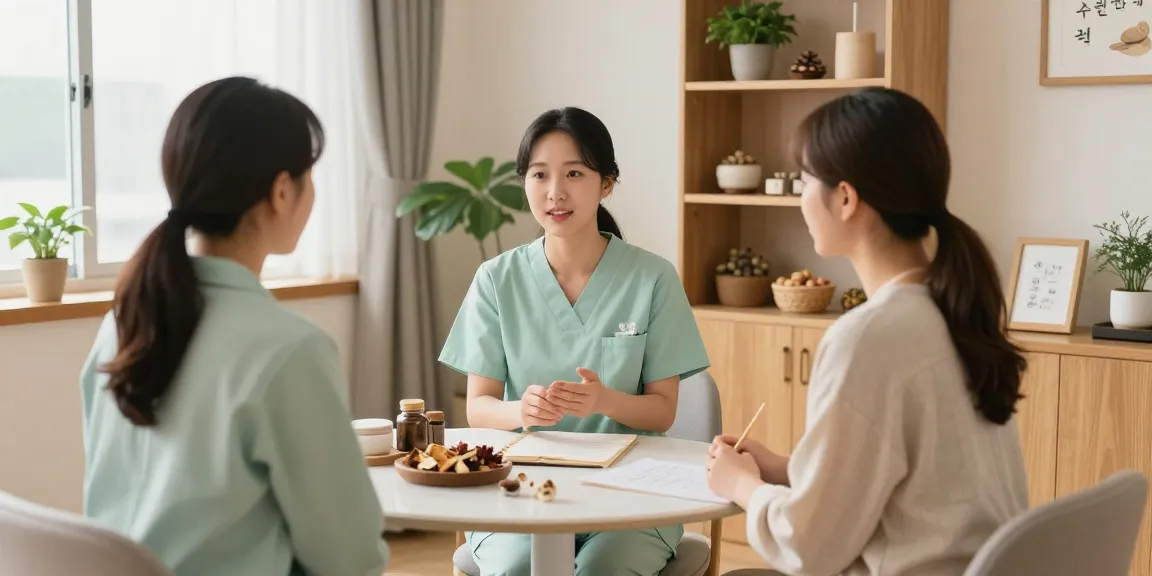 Consultation at 수원한의원 featuring practitioner and patient in a calming environment.