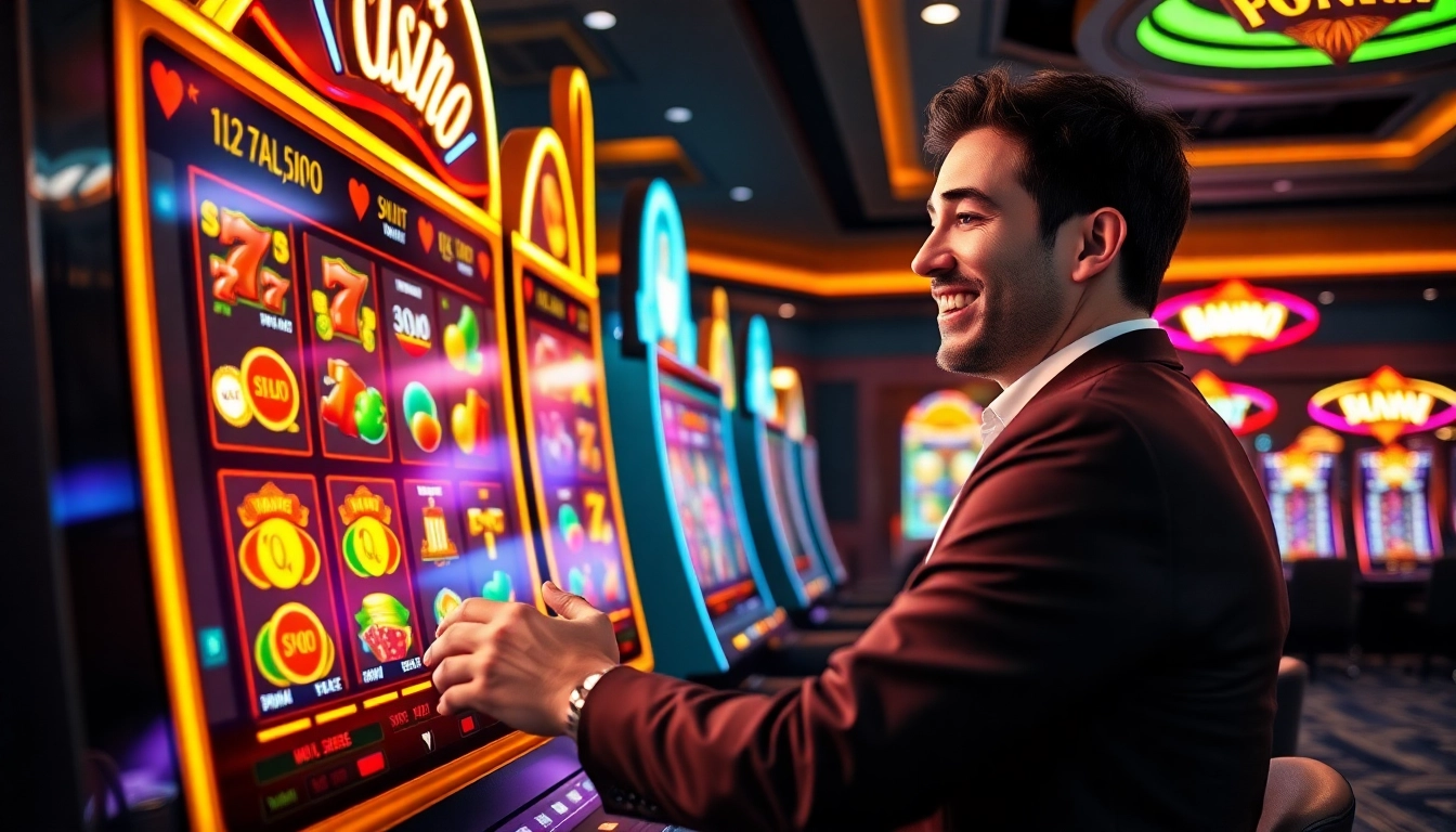Idnslot online gaming interface with vibrant slot machines and a player engaging in excitement.