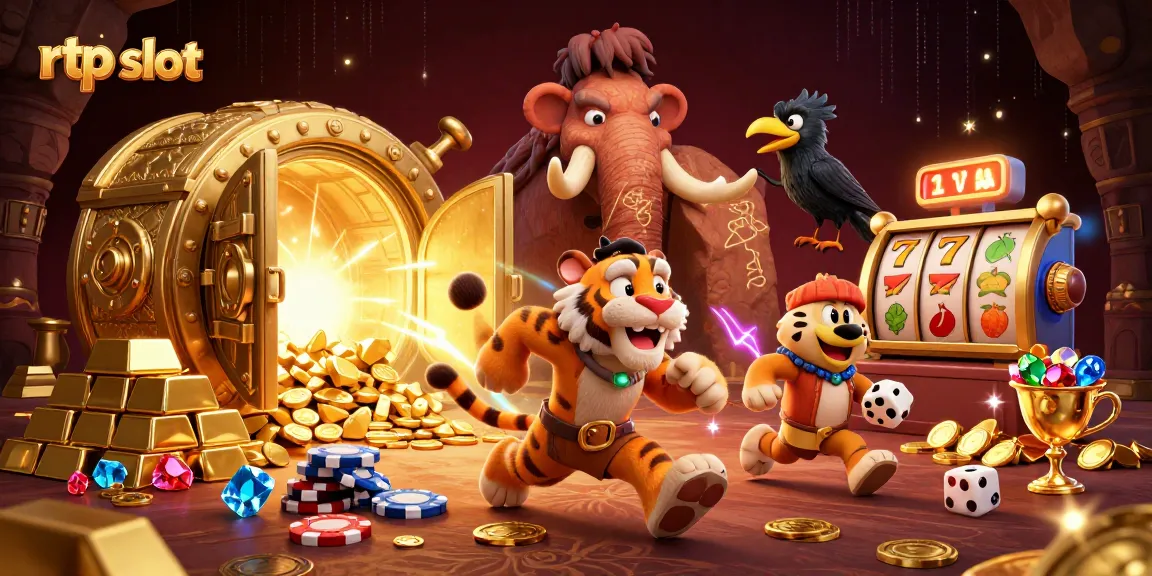 Engaging rtp slot action scene with caveman duo and slot reels in a vibrant casino.