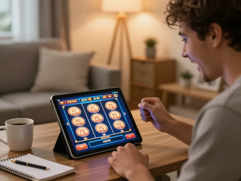 Player celebrating a win with 3win actor on a tablet during online slot gaming at home