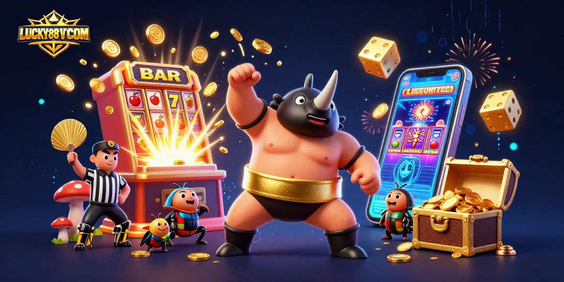 LUCKY88VTCOM features a charismatic beetle champion at an exhilarating online casino scene.