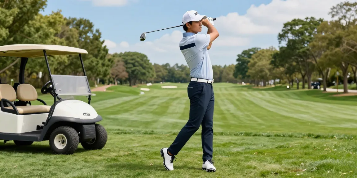 Stylish golfer in premium golf replica attire swinging on the green, showcasing golf apparel quality.