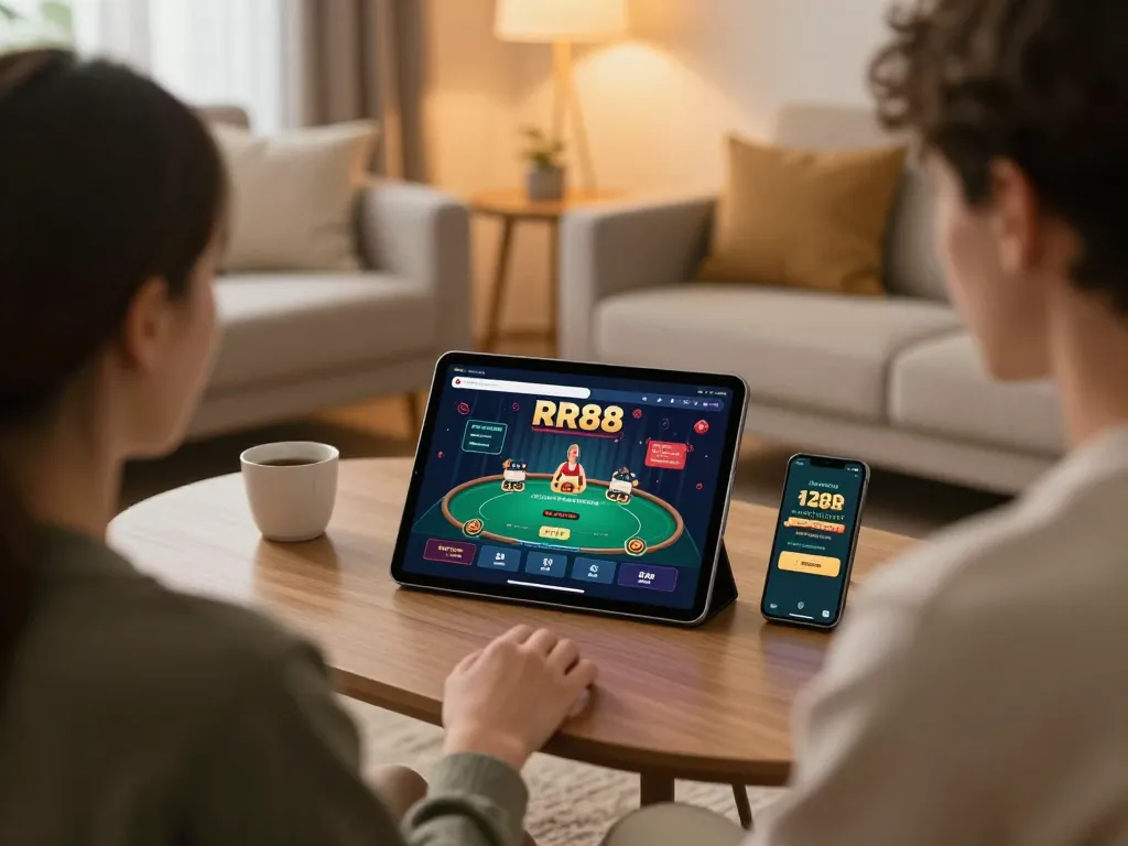 Engaged user playing RR88 online casino game on tablet in cozy home setting