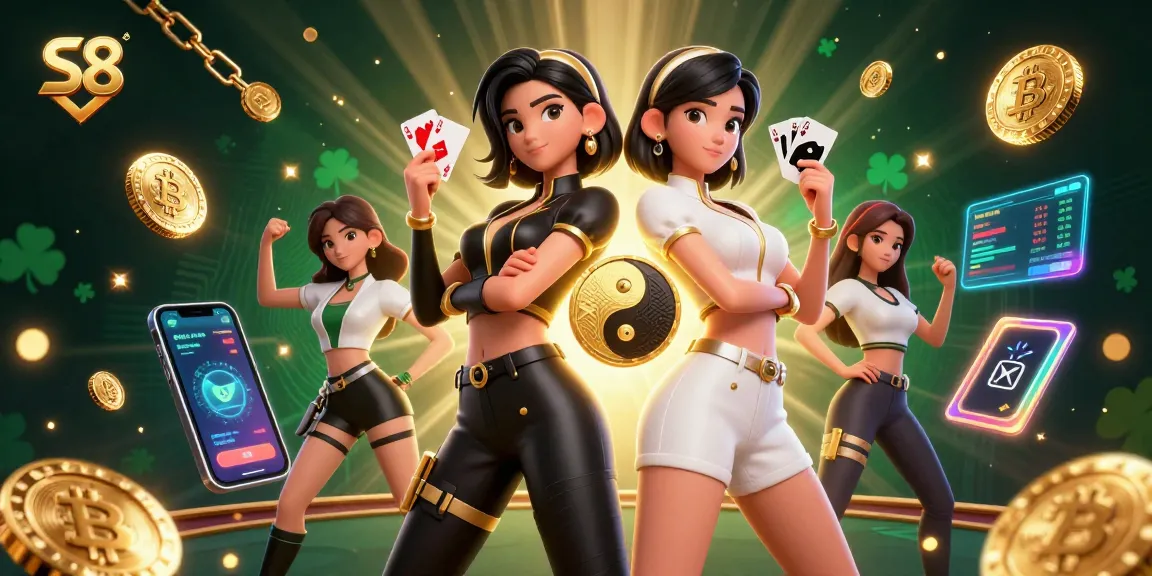 Experience the thrilling S8 online casino excitement with stunning twin Asian women and vibrant gaming elements.
