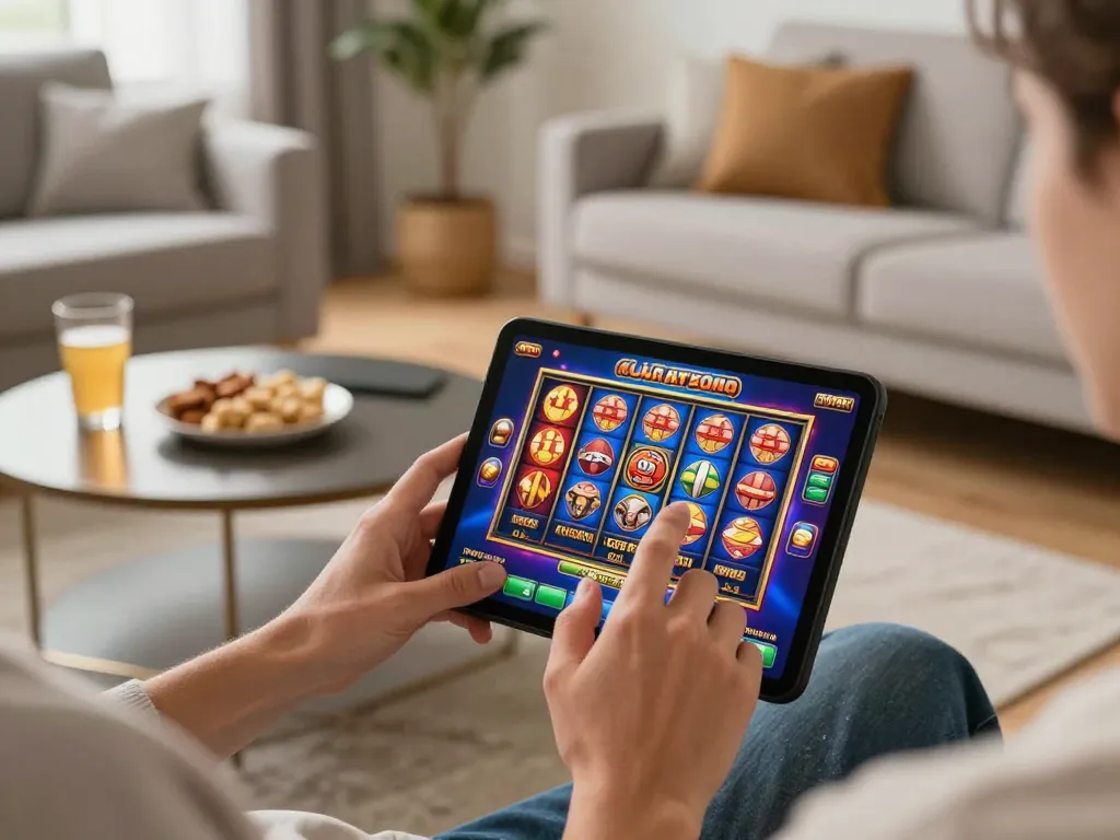 Player enjoying F8BET mobile casino app on smartphone at home, showcasing engaging gameplay.
