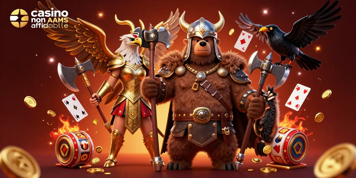 Vivi emozioni nei casino non AAMS affidabili con un orso vichingo e un'aquila valchiria in una scena epica 3D.