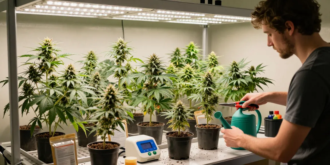 Cultivator examining cannabis genetics varieties in a nurturing grow room.
