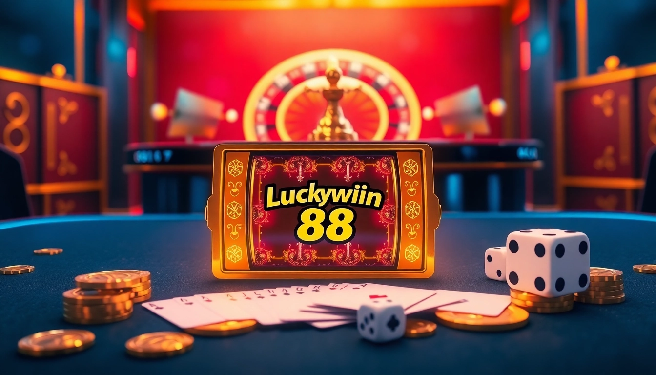 Action-packed scene at Luckywin 88 online casino showcasing poker chips and a vibrant slot machine.