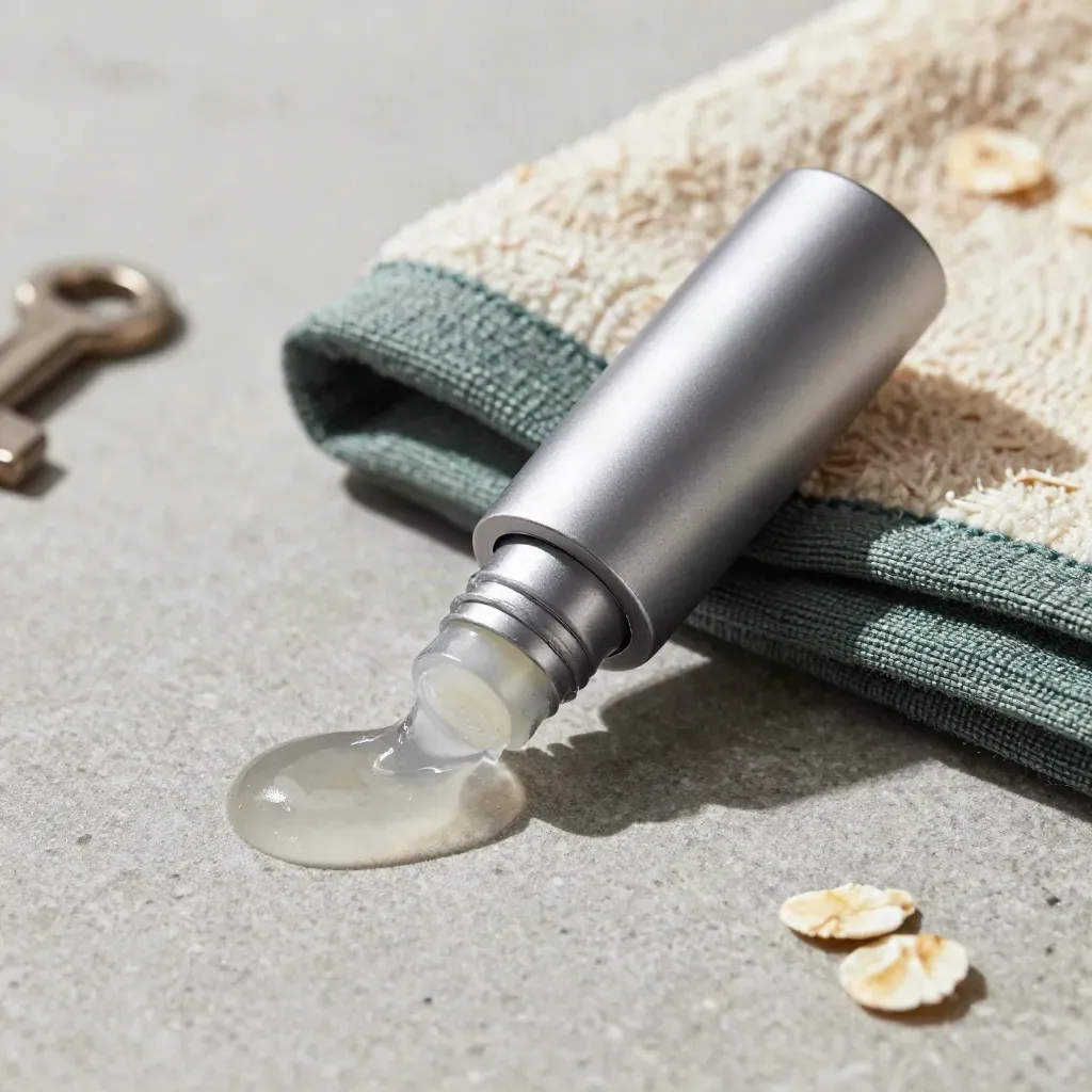 Macro of a cooling CBD roll-on tube on pebbles with gel smear and folded towel.