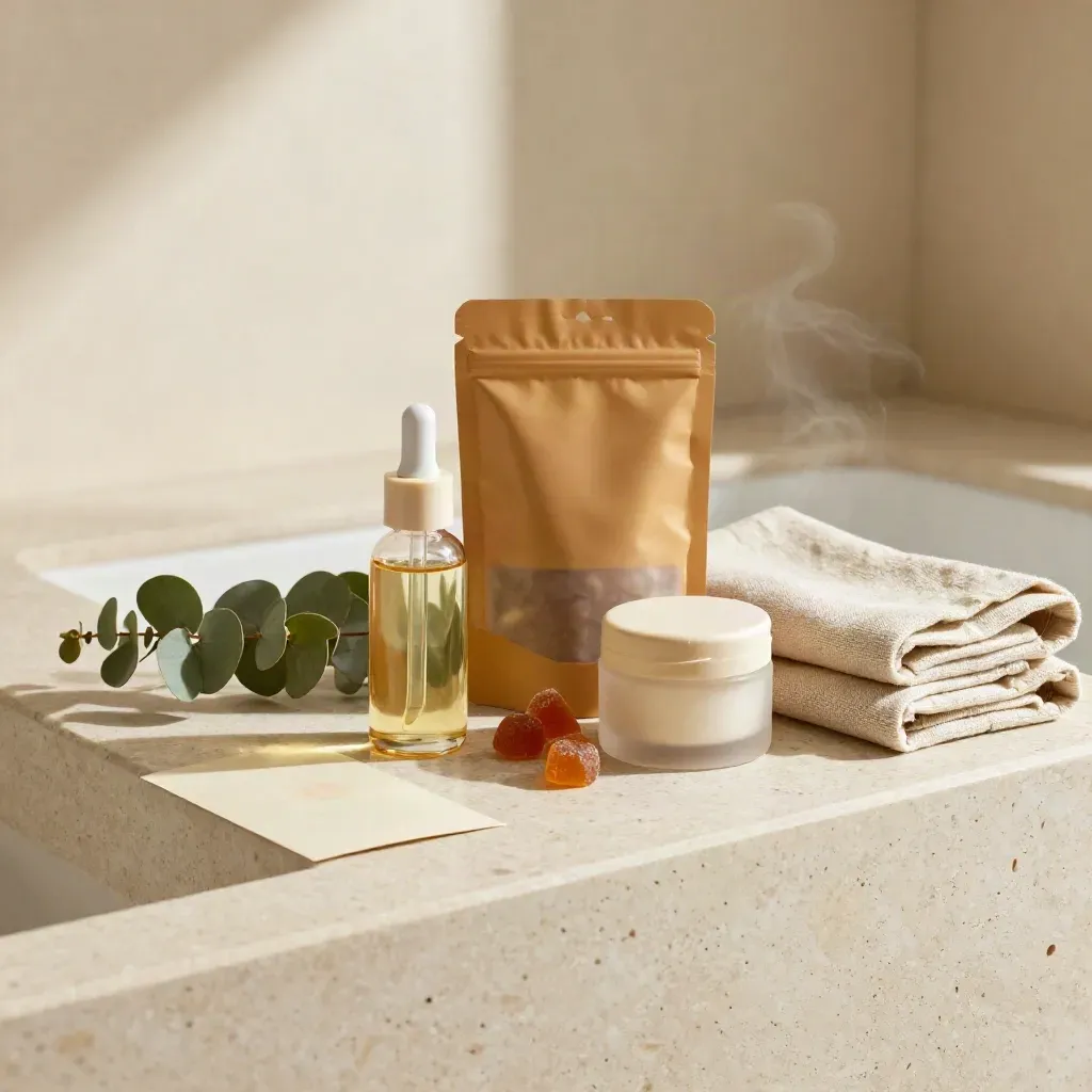 CBD oil, gummies, and topical jar on travertine with linen and eucalyptus.