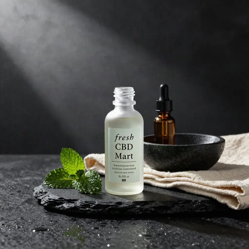 Moody CBD oil bottle with mint, dropper vial, basalt bowl and linen in studio light.