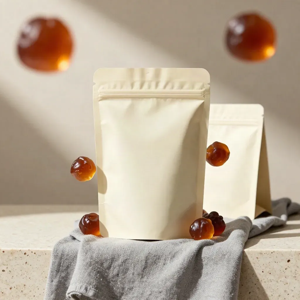 Cream CBD gummies pouch with floating berry gummies on linen and travertine