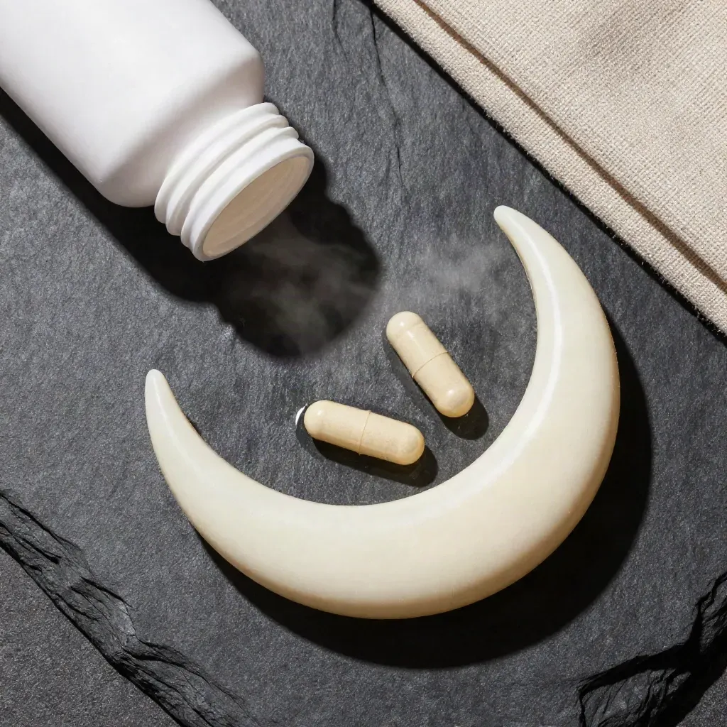 Overhead flatlay of a sleep softgels bottle, two capsules, moon dish and linen on wet slate.