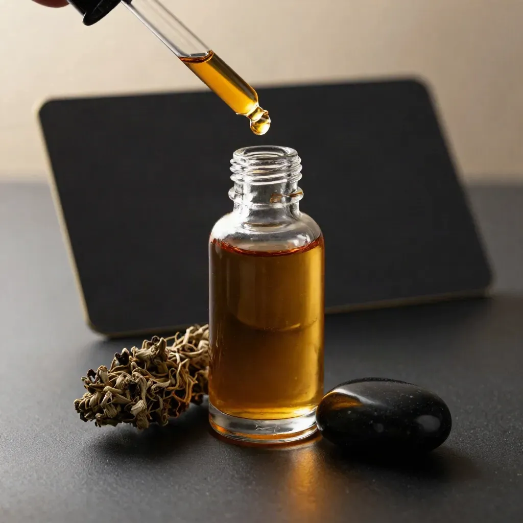 Amber tincture bottle with dropper bead, herb bundle and black stone in dramatic low light.