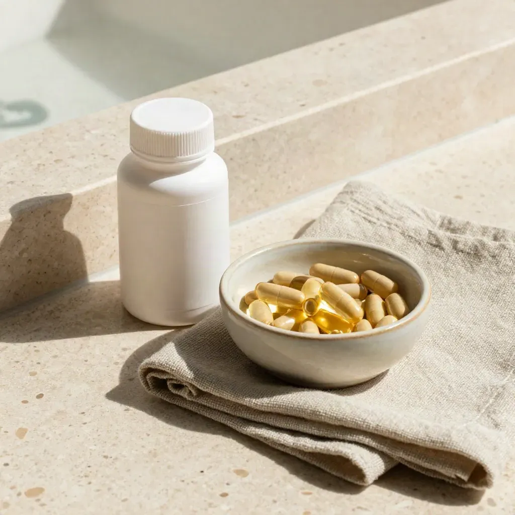 Unbranded CBD softgels bottle beside a ceramic bowl of capsules and folded linen cloth.