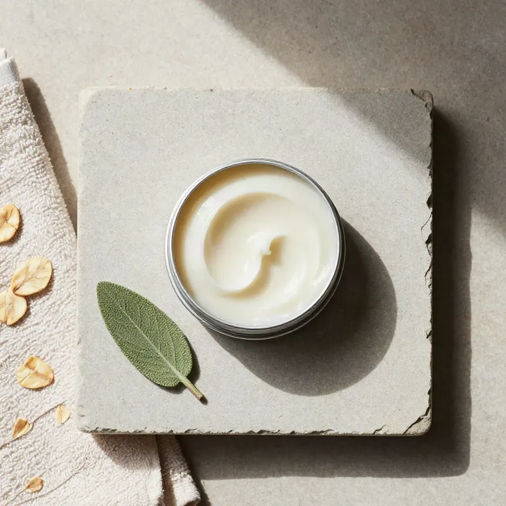 Top-down CBD recovery balm tin with cream swirl on stone slab, towel and leaf.
