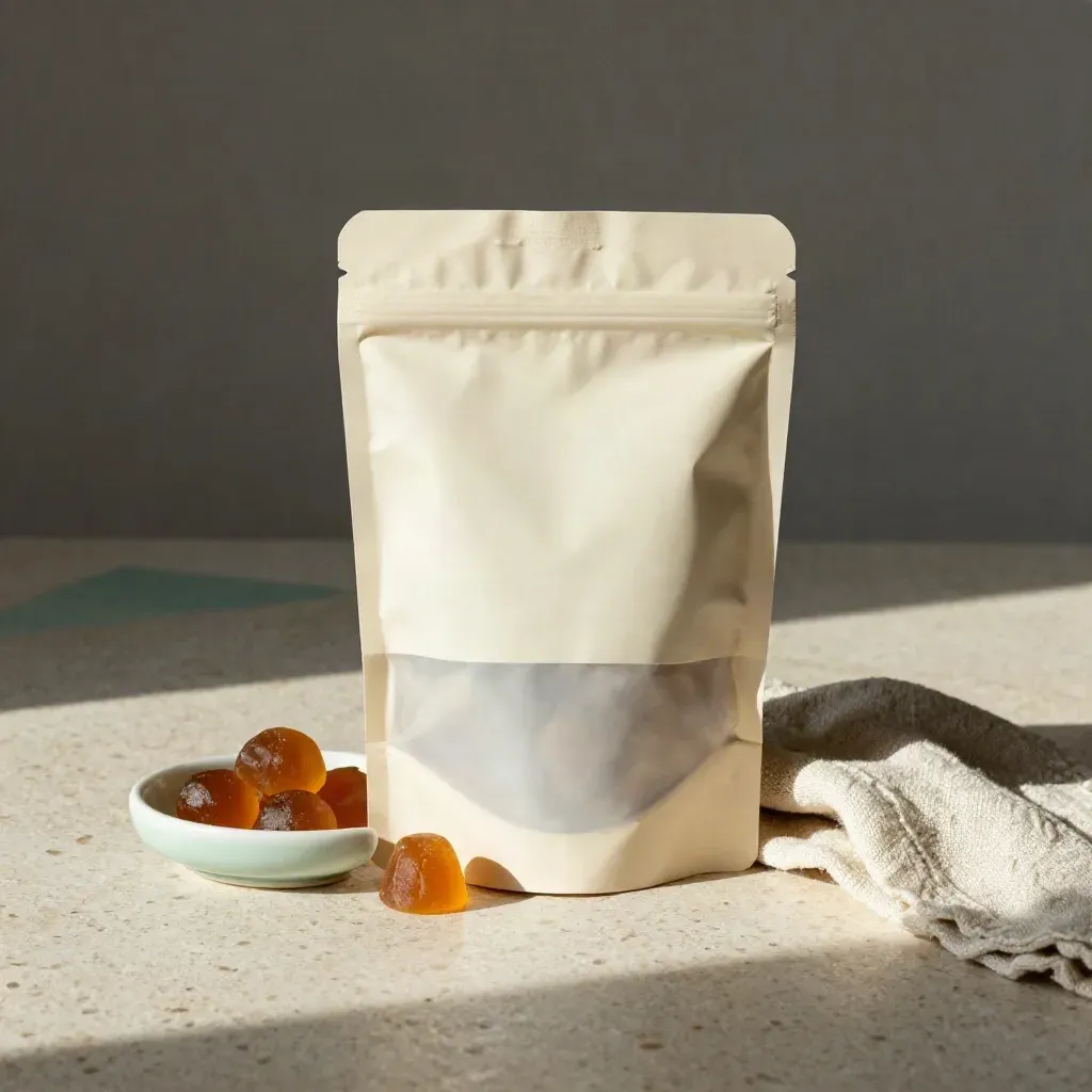 Sleep gummies pouch beside a crescent dish and linen on travertine, softly lit from above.
